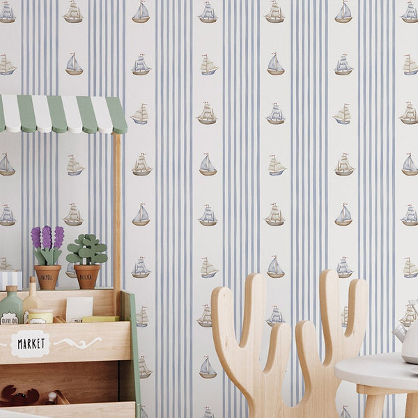 Blue Stripes & Sailboats Wallpaper A069 - CostaCover-Peel and stick Removable Wallpaper-abstract wall art-abstract wallpaper-accent wallpaper