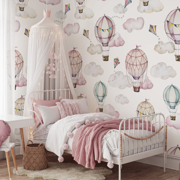 Pink Air Balloons & Clouds Wallpaper W072 - CostaCover - Peel and stick Removable Wallpaper - abstract wallpaper - accent wallpaper - adhesive wallpaper