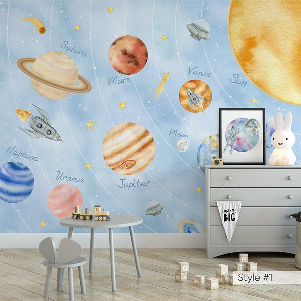 Blue Pink Solar System Wall Mural WM080 - CostaCover - Peel and stick Removable Wallpaper - abstract wallpaper - accent wallpaper - adhesive wallpaper