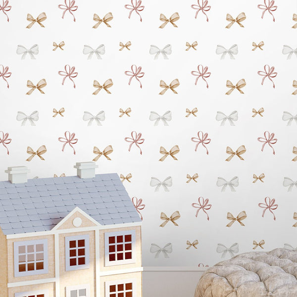 Beige Gray Ribbon Bow Wallpaper S111 - CostaCover - Peel and stick Removable Wallpaper - Abstract - abstract mural - abstract paint