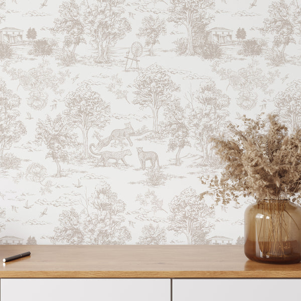 Beige French Toile Safari Wallpaper L069