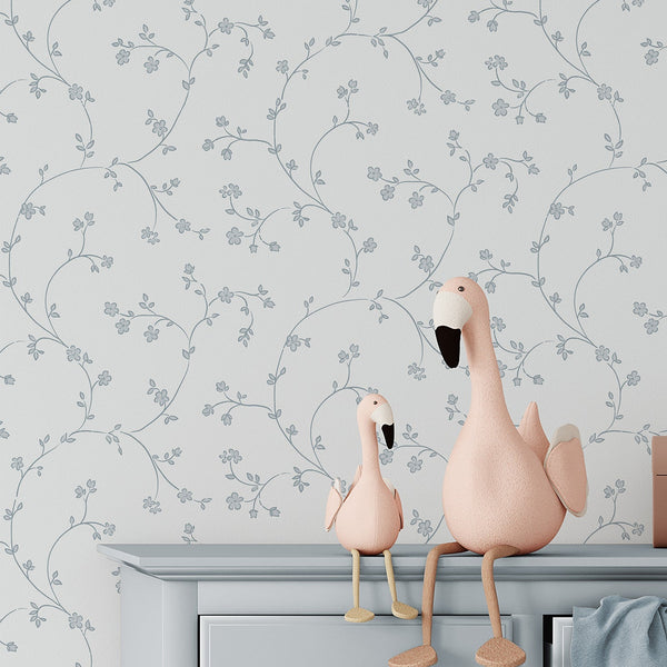 Dusty Blue Floral Vine Wallpaper L113