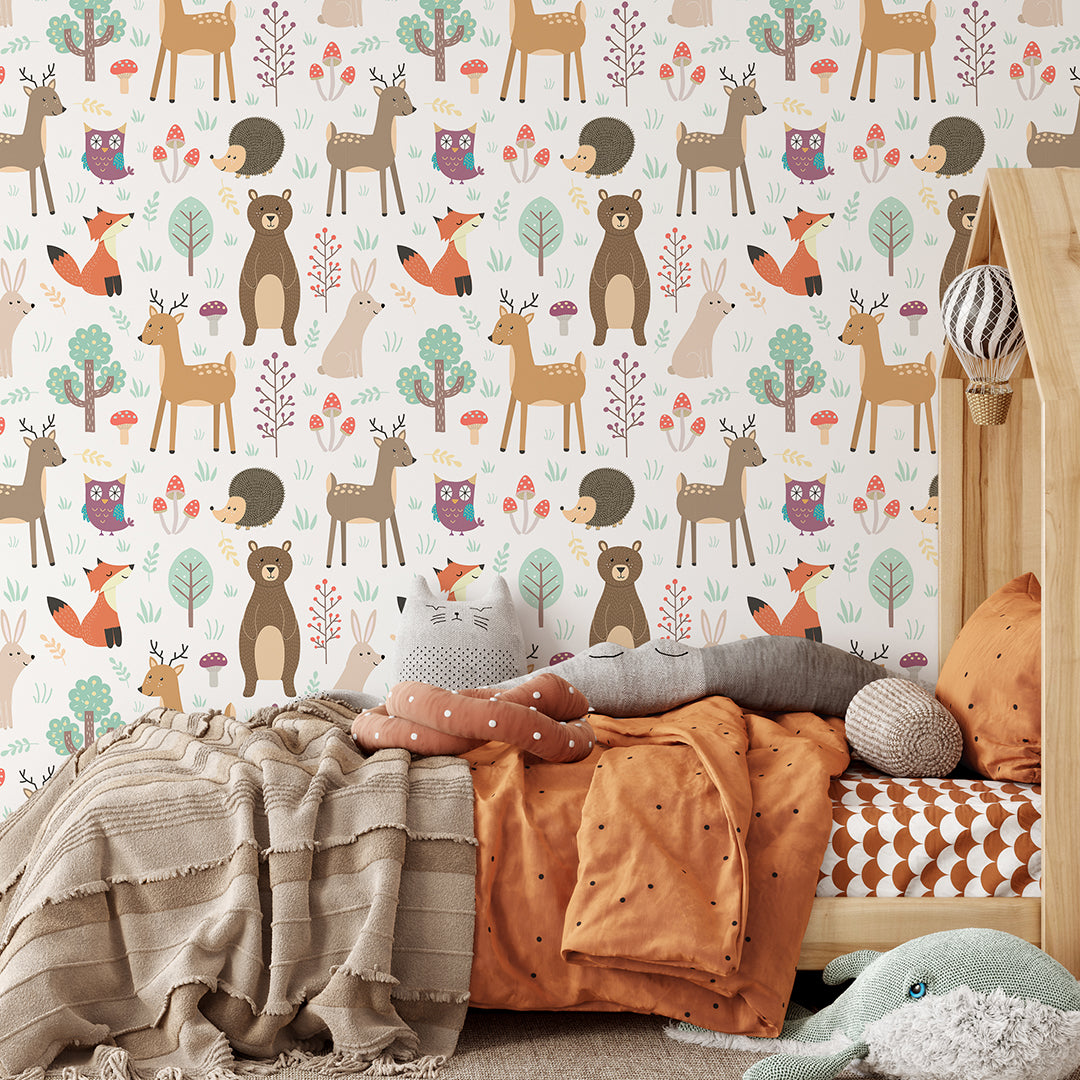 Self Adhesive Woodland Critters Forest Animals Kids Removable Wallpaper CC135