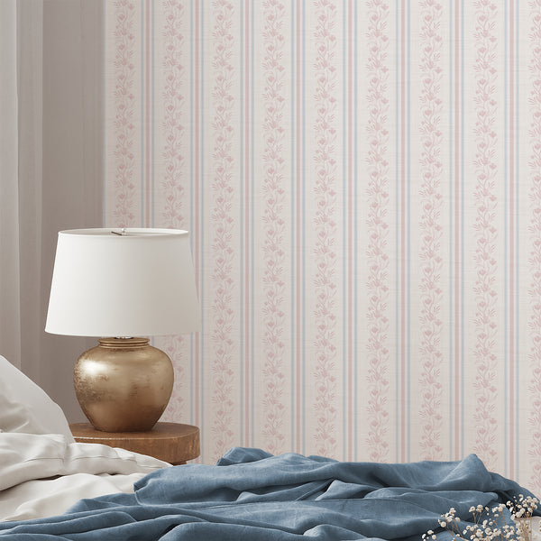 Pink Blue Floral Stripe Wallpaper L132
