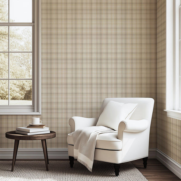 Beige plaid wallpaper featuring a classic tartan check pattern in warm beige, soft taupe and muted gray, perfect for cozy cottagecore bedroom interiors.