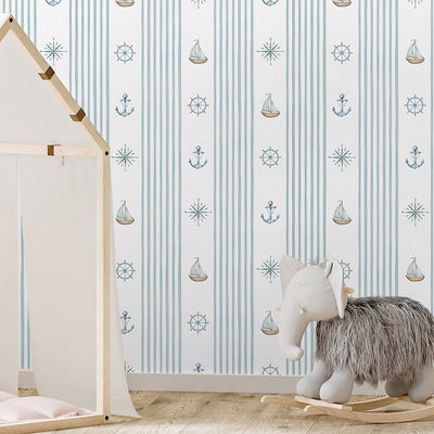 Turquoise Stripe & Sailboat Wallpaper A070