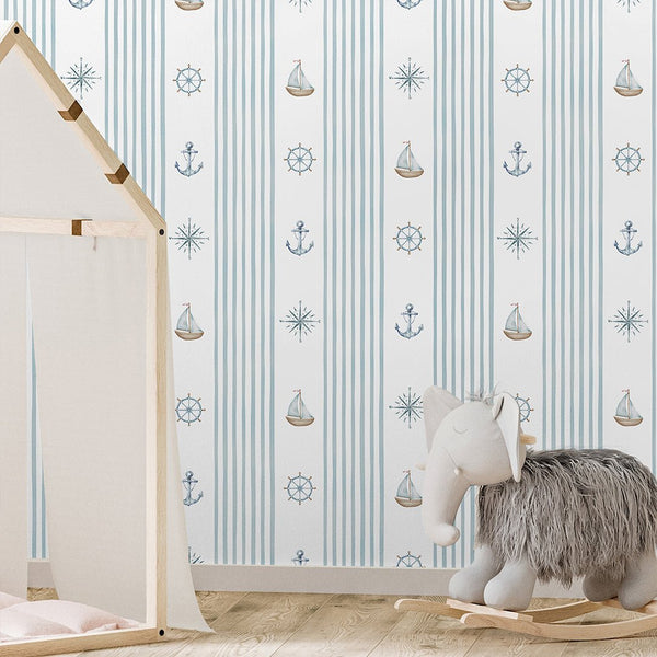 Turquoise Stripe & Sailboat Wallpaper A070 - CostaCover-Peel and stick Removable Wallpaper-abstract wall art-abstract wallpaper-accent wallpaper
