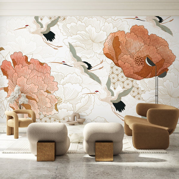 Flying Japanese Cranes Wall Mural WM121 - CostaCover - Peel and stick Removable Wallpaper - Abstract - abstract floral - abstract lines