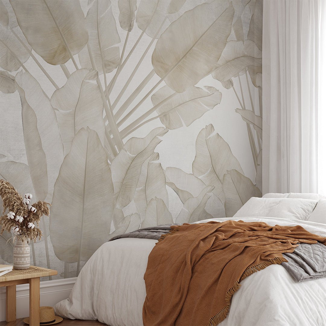 Beige Palm Leaves Wall Mural with soft botanical palm pattern