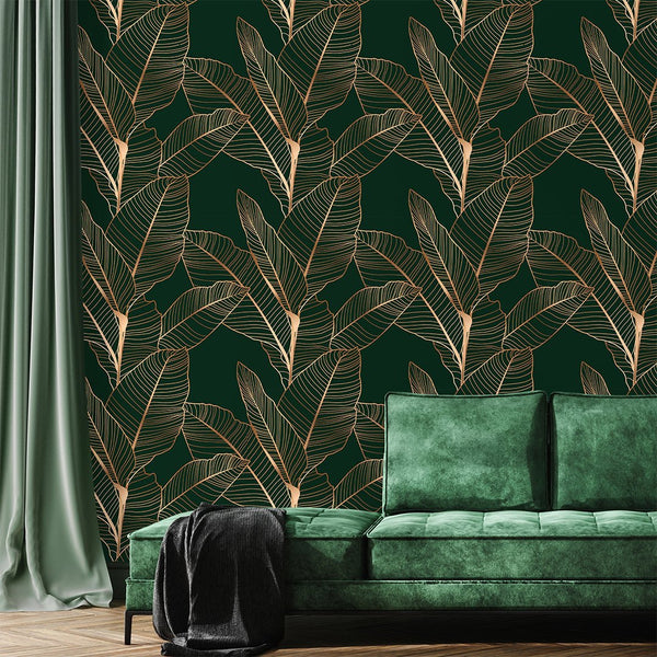 Dark Green Banana Leaves Wallpaper CC346 - CostaCover - Peel and stick Removable Wallpaper - abstract floral - abstract wallpaper - accent wallpaper