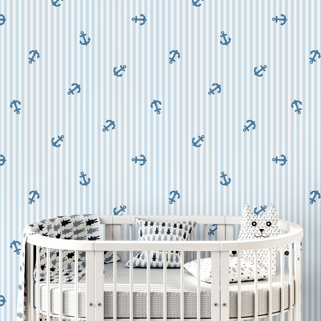 Blue Stripes & Sailboats Wallpaper A074