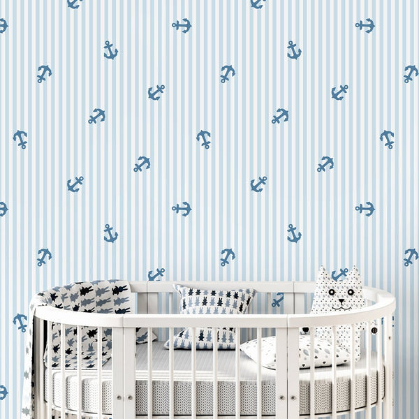 Blue Stripes & Sailboats Wallpaper A074 - CostaCover-Peel and stick Removable Wallpaper-abstract lines-abstract wall art-abstract wallpaper