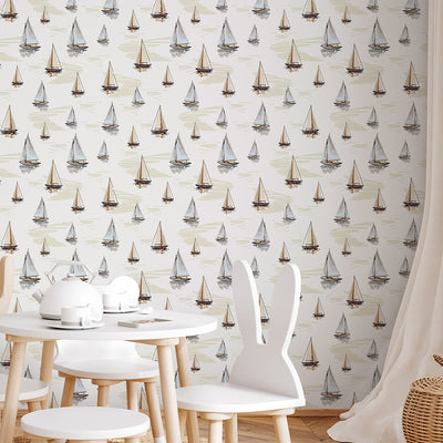 Beige Blue Sailboats Wallpaper A076