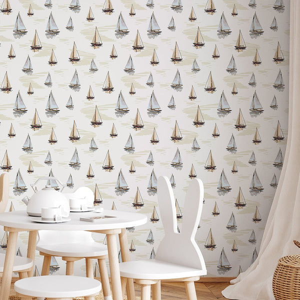 Beige Blue Sailboats Wallpaper A076 - CostaCover-Peel and stick Removable Wallpaper-Abstract-abstract wall art-abstract wallpaper