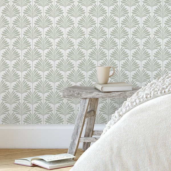 Sage Green Coastal Leaves Wallpaper L061
