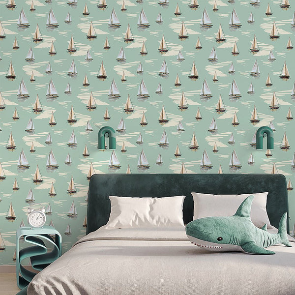 Light Green Sailboats Wallpaper A077 - CostaCover-Peel and stick Removable Wallpaper-Abstract-abstract wall art-abstract wallpaper