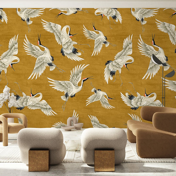 Flying Mustard Japanese Cranes Wall Mural WM113 - CostaCover - Peel and stick Removable Wallpaper - accent wallpaper - adhesive wallpaper - animal texture