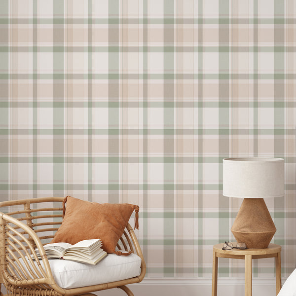 Sage green and beige plaid wallpaper featuring a vintage tartan check pattern with subtle woven texture, perfect for a cozy English country cottage bedroom.