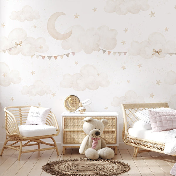 Beige Clouds Moon & Bunting Wall Mural SM070 - CostaCover - Peel and stick Removable Wallpaper - Abstract - abstract wall art - abstract wallpaper
