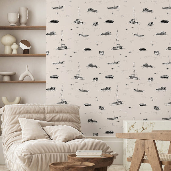 Beige Boat Sketch Wallpaper A080 - CostaCover-Peel and stick Removable Wallpaper-Abstract-abstract wall art-abstract wallpaper