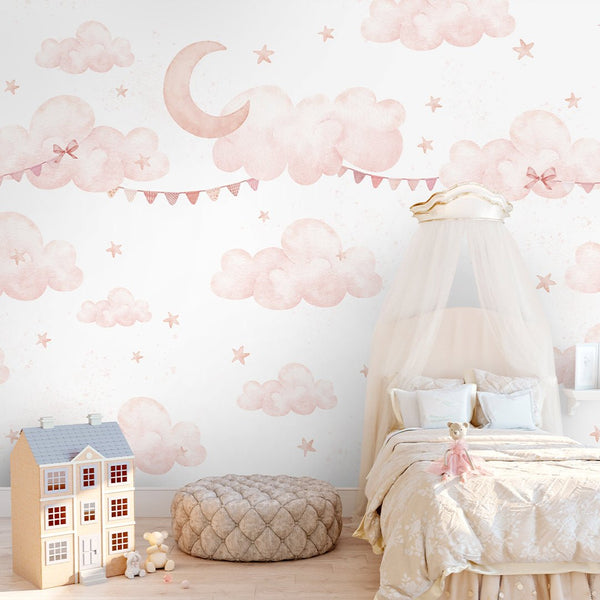 Pink Clouds Moon & Bunting Wall Mural SM072 - CostaCover - Peel and stick Removable Wallpaper - Abstract - abstract wall art - abstract wallpaper