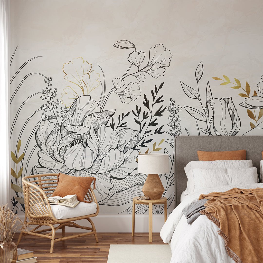 Black and Gold Flower Wall Mural with elegant floral artwork