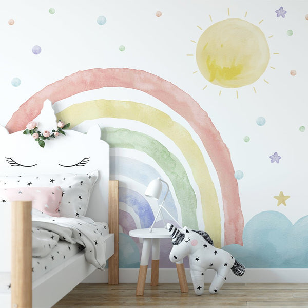 Colorful Rainbow & Sun Wall Mural WM060 - CostaCover - Peel and stick Removable Wallpaper - abstract wallpaper - adhesive wallpaper - Aqua blue wallpaper