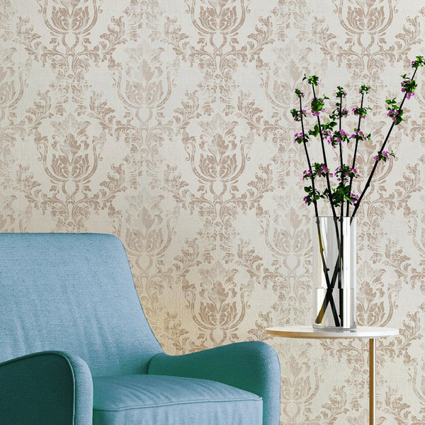 Brown and beige Rococo wallpaper featuring ornate damask medallions and scrolling leaves in elegant muted tones, perfect for living rooms or bedrooms seeking traditional European charm. Made in the USA, eco-friendly materials.
