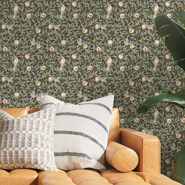 Green Bird & Pomegranate by Morris Wallpaper W085 - CostaCover - Peel and stick Removable Wallpaper - abstract floral - abstract wall art - abstract wallpaper