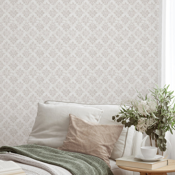 Beige Floral Damask Wallpaper featuring diamond-arranged floral medallions and leaf motifs, perfect for traditional or modern farmhouse interiors. This removable peel and stick wallpaper offers a softly aged appearance with muted beige and taupe on an off-white ground, ideal for creating a classic ambiance in bedrooms or living rooms.