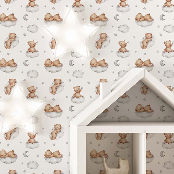 Gray Clouds and Bears Wallpaper A033 - CostaCover - Peel and stick Removable Wallpaper - abstract wallpaper - accent wallpaper - adhesive wallpaper