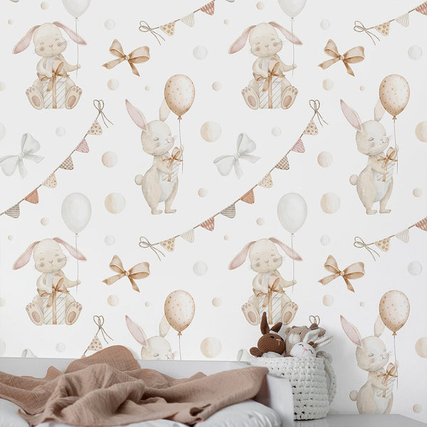 Beige Bunnies & Bunting Wallpaper S110 - CostaCover - Peel and stick Removable Wallpaper - accent wallpaper - adhesive wallpaper - animal print