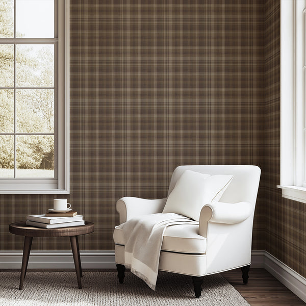 Dark brown plaid wallpaper featuring a classic tartan check pattern in rich chocolate brown, muted taupe and beige tones, ideal for cozy cottagecore bedrooms.
