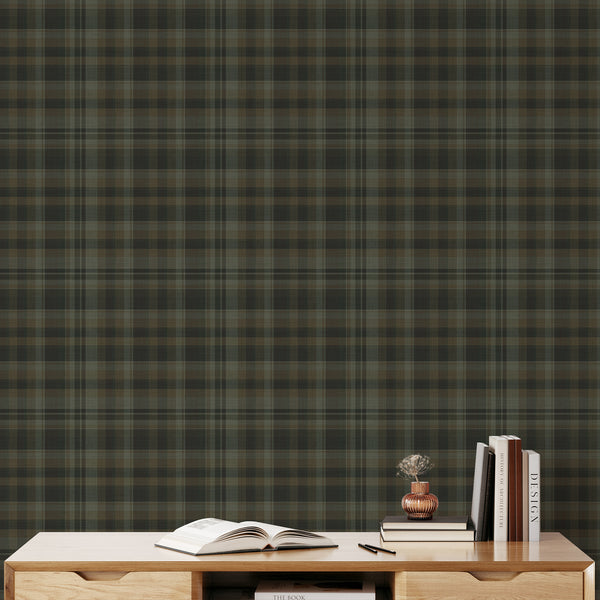 Dark green plaid peel and stick wallpaper with a classic tartan-inspired pattern and textured zigzag detailing for rustic farmhouse interiors.