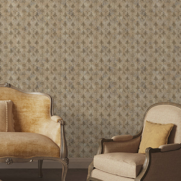 Beige damask wallpaper with dark brown ornamental motifs and a distressed aged texture, ideal for French country bedroom or living room decor.