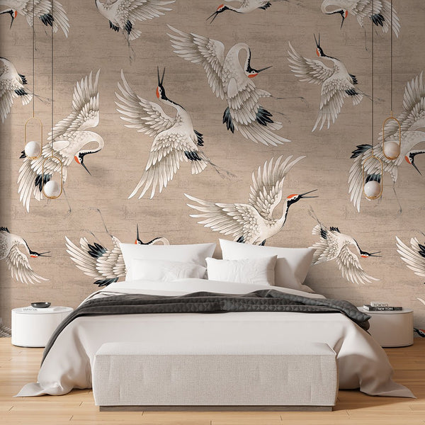 Flying Beige Japanese Cranes Wall Mural WM117 - CostaCover - Peel and stick Removable Wallpaper - abstract wallpaper - accent wallpaper - adhesive wallpaper