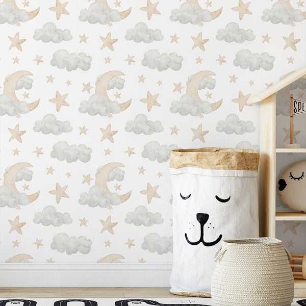 Clouds Moon & Stars Wallpaper S113 - CostaCover - Peel and stick Removable Wallpaper - abstract wall art - abstract wallpaper - accent wallpaper
