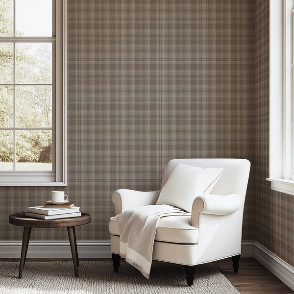 Taupe brown plaid wallpaper featuring a classic tartan check pattern with muted brown and soft beige tones, perfect for cozy cottagecore bedroom decor.