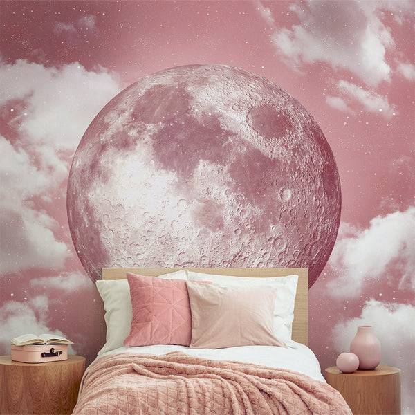 Pink Moon & Clouds Wall Mural WM078 - CostaCover - Peel and stick Removable Wallpaper - abstract wall art - abstract wallpaper - accent wallpaper