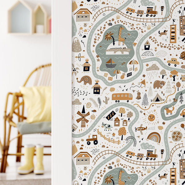 Cartoon World Map Wallpaper CC294 - CostaCover - Peel and stick Removable Wallpaper - adhesive wallpaper - animal print - Animal print wallpaper