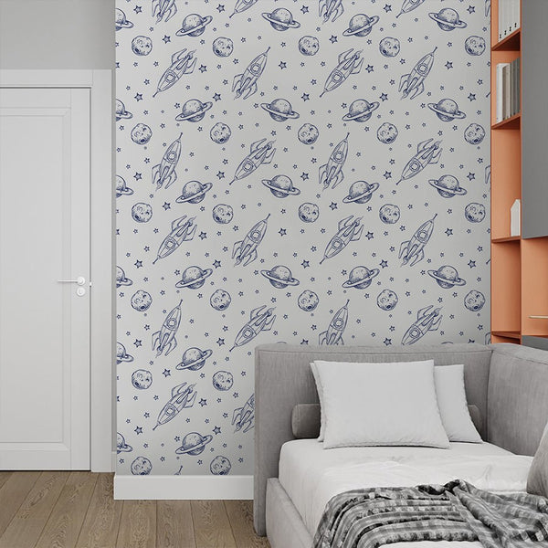 Line Art Spaceship & Planet Wallpaper S130 - CostaCover-Peel and stick Removable Wallpaper-abstract wall art-accent wallpaper-adhesive wallpaper