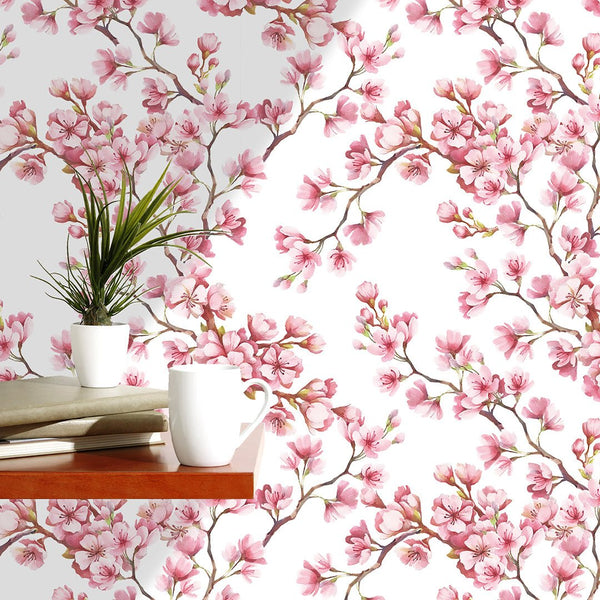 Watercolor Cherry Blossoms Wallpaper CC133 - CostaCover - Peel and stick Removable Wallpaper - accent wallpaper - adhesive wallpaper - Backsplash panels