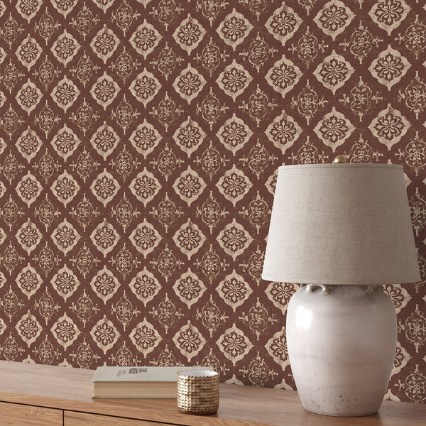 Terracotta Damask Medallion Wallpaper L083