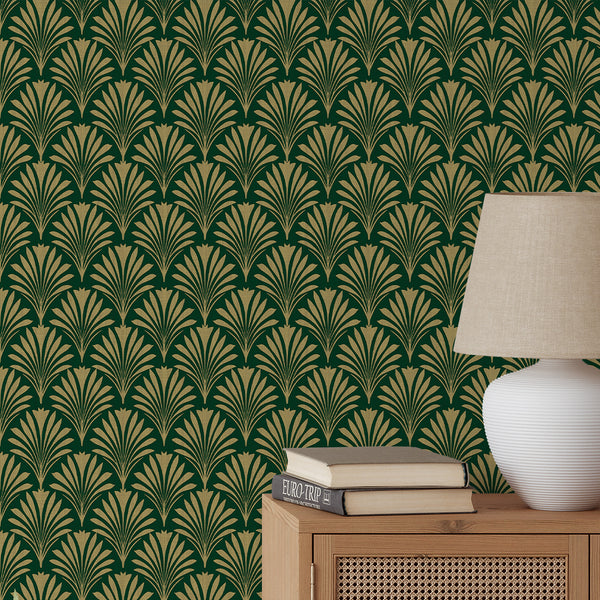 Emerald Green Botanical Art Deco Wallpaper L020