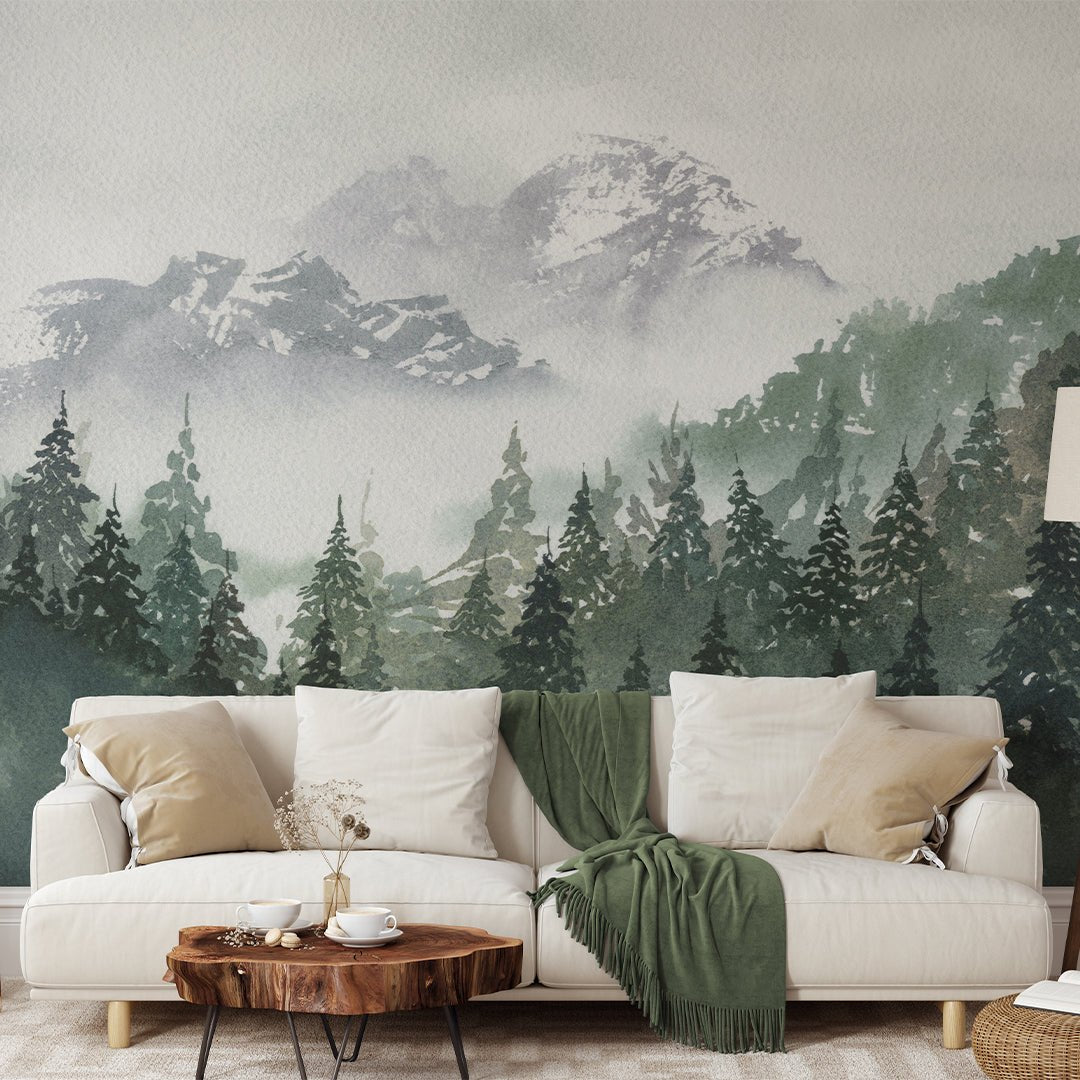 Forest and Foggy Mountains Wall Mural with atmospheric landscape