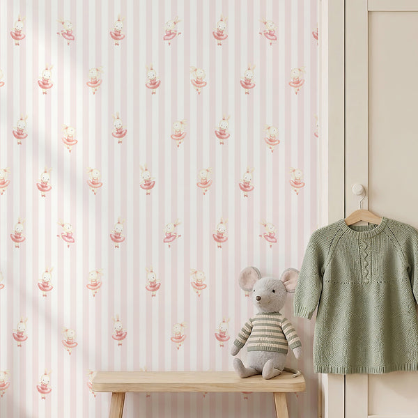 Pink striped wallpaper featuring a watercolor bunny ballerina in a blush tutu on soft vertical blush and white stripes for a baby girl nursery.