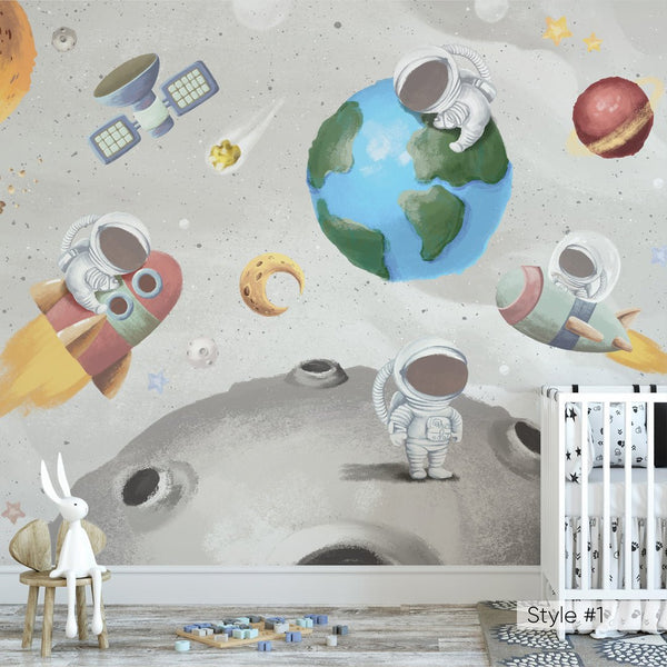 Space World & Astronauts Wall Mural WM077 - CostaCover - Peel and stick Removable Wallpaper - abstract wallpaper - adhesive wallpaper - aqua blue