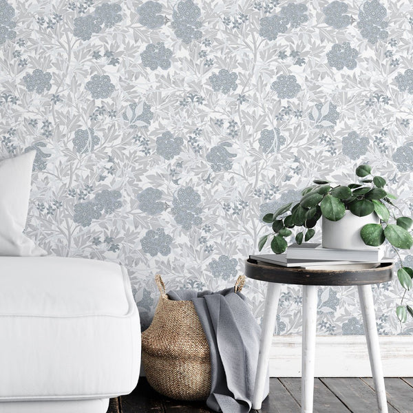 Blue & Gray Jasmine by Morris Wallpaper W104 - CostaCover - Peel and stick Removable Wallpaper - abstract floral - abstract wallpaper - accent wallpaper