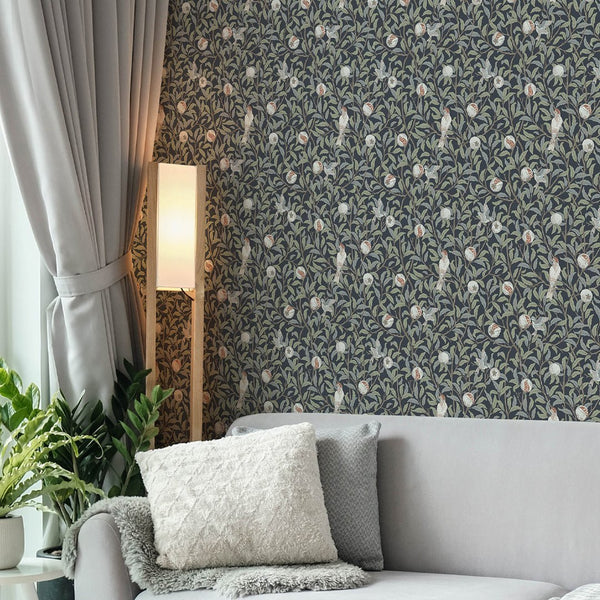 Blue Bird & Pomegranate by Morris Wallpaper W086 - CostaCover - Peel and stick Removable Wallpaper - abstract floral - abstract wall art - abstract wallpaper