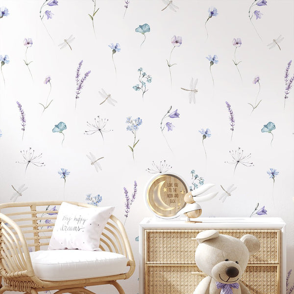 Blue Purple Wildflowers Wallpaper S081 - CostaCover - Peel and stick Removable Wallpaper - accent wallpaper - adhesive wallpaper - Aqua blue wallpaper